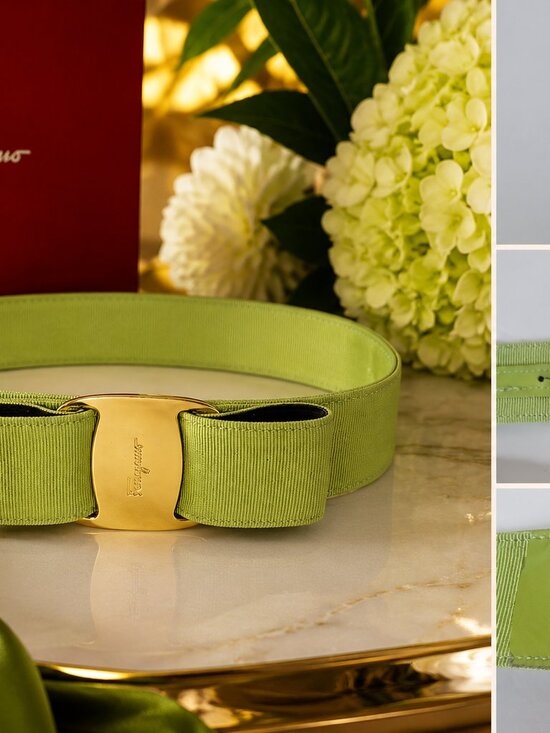 Salvatore Ferragamo Vara Bow Lime Green Belt Gold Tone Buckle XS Made in Italy